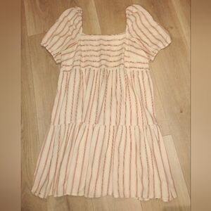 Loft Puff Sleeve Square Neckline Terracotta Striped Tiered  Minidress 6